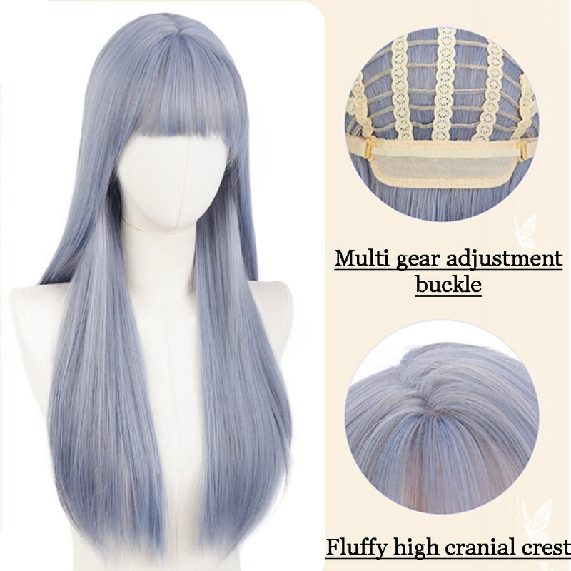 Long Silky Straight Synthetic Wigs With Bangs Gray Mist Blue Cosplay Party Lolita Hair Wigs for Women Natural Heat Resistant Wig