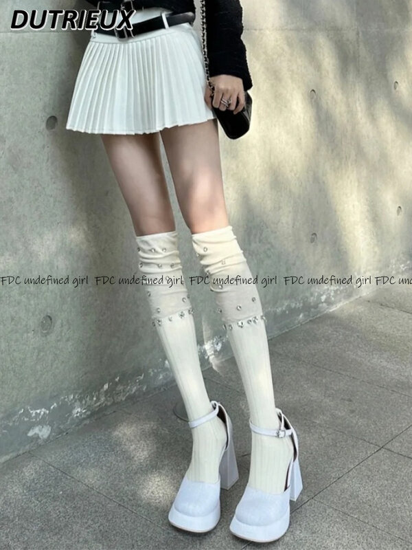 Sweet Girl All-Match Knee Socks Solid Color Special-Interest Design Long Socks High-Grade Heavy Industry Diamond Stocking