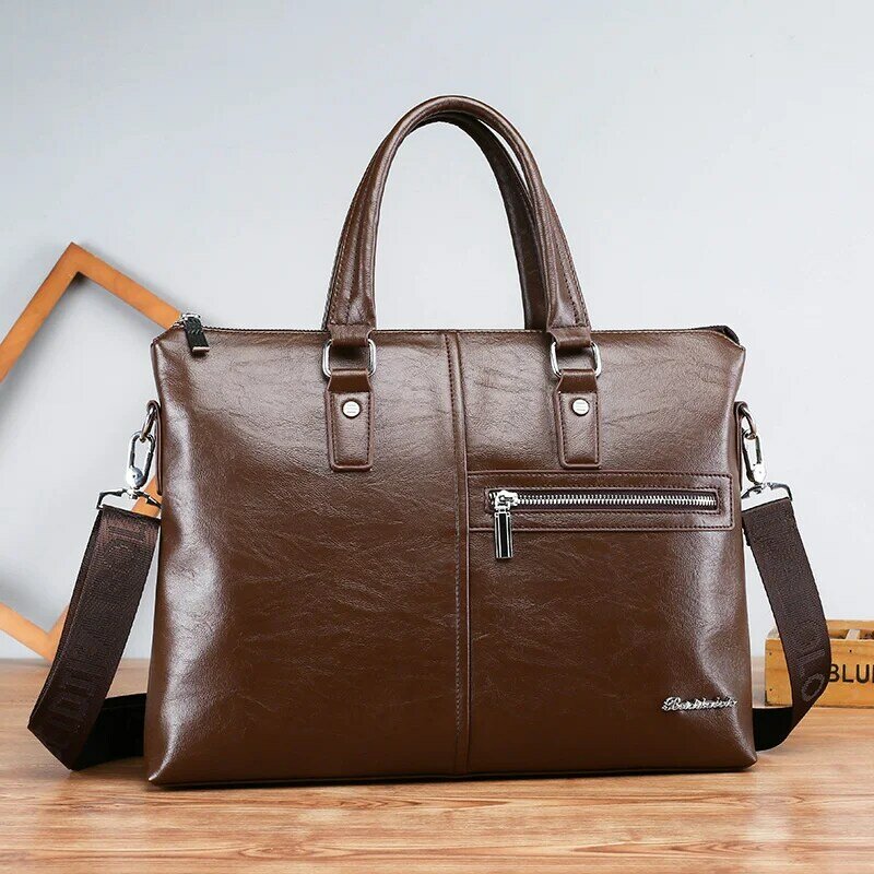 Luxury PU Leather Men Zipper Briefcase Vintage Handbag Business Shoulder Messenger Bag Large Capacity Male Laptop Bag