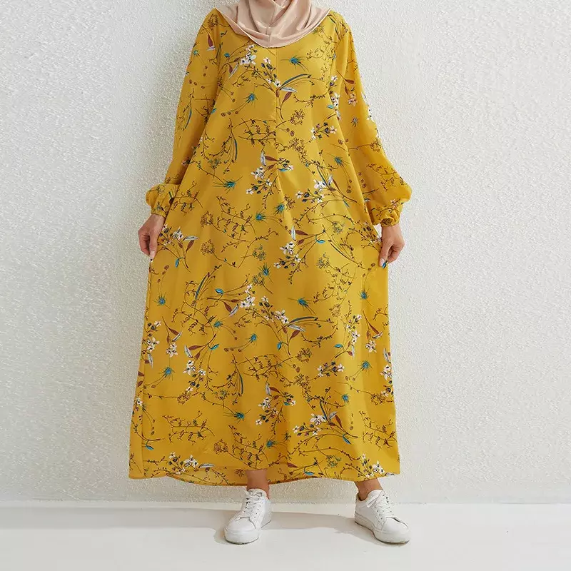 Abaya muçulmano com gola redonda e manga puff para as mulheres, dubai kaftan, flores, casual, ramadã, árabe, solto, longo, abayas