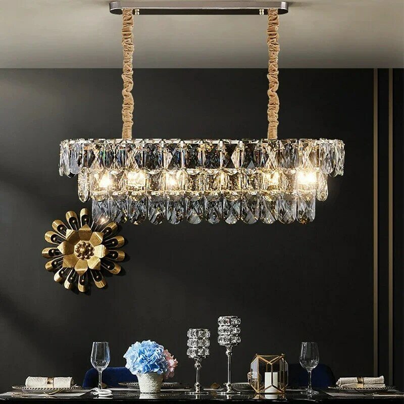 Lampadario di cristallo a LED, stile americano per soggiorno, rotondo/lungo, regolabile in altezza, lampadario minimalista da ristorante.