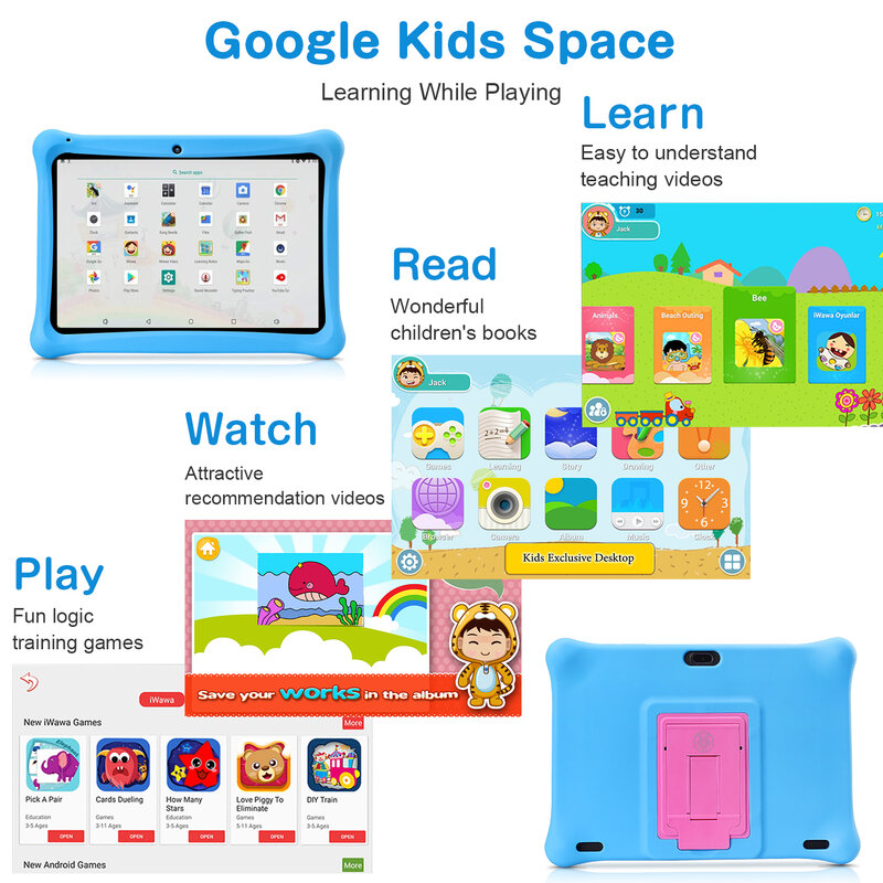 안드로이드 키즈 태블릿 PC, 10 인치, 어린이 학습 교육용, 실리콘 케이스 포함, 2 + 32GB, 구글 플레이, 와이파이, 홀더 포함