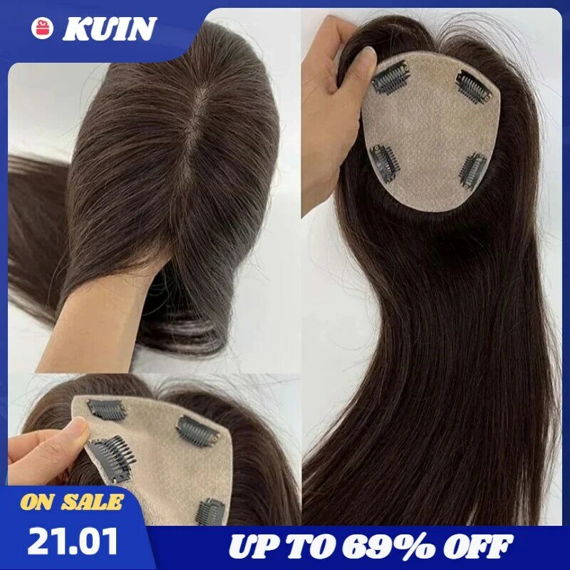 Kuin Clip en Topper para mujer, hecho a mano postizo de cabello humano Real, Base de seda, cierre de cabello transpirable, extensión de cabello para mujer
