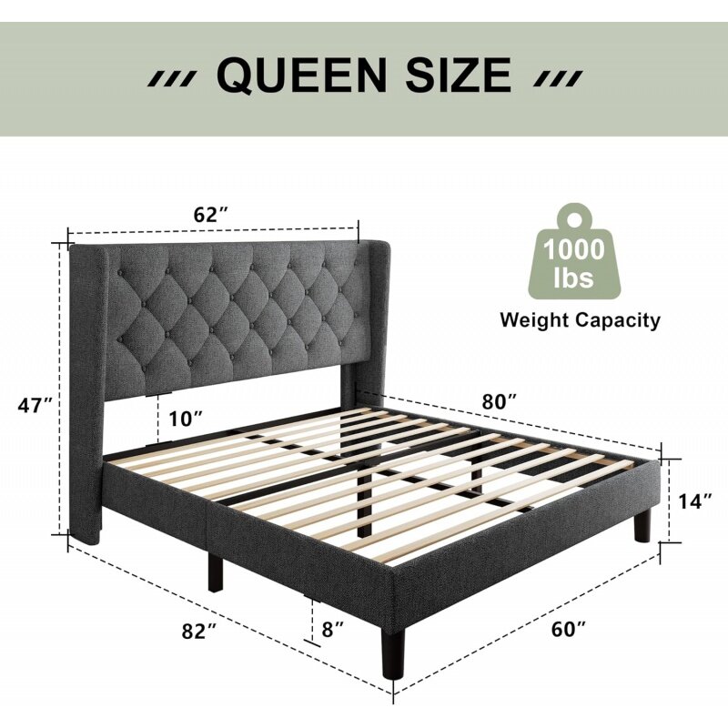 Feonase Queen Size Bed Frame with Diamond Tufted Wingback Headboard, Morden Upholstered Platform Bed, Sturdy Wooden Slats Suppor