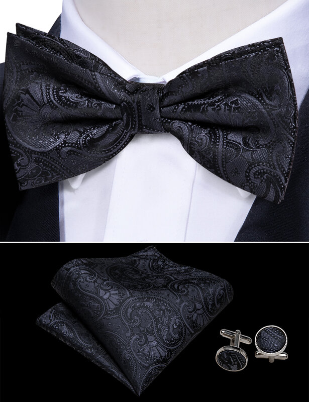 Classic Black Silk Cummerbund Set Luxury Designer Paisley Bowtie High Quality Handkerchief Cufflinks Business Party Barry.Wang