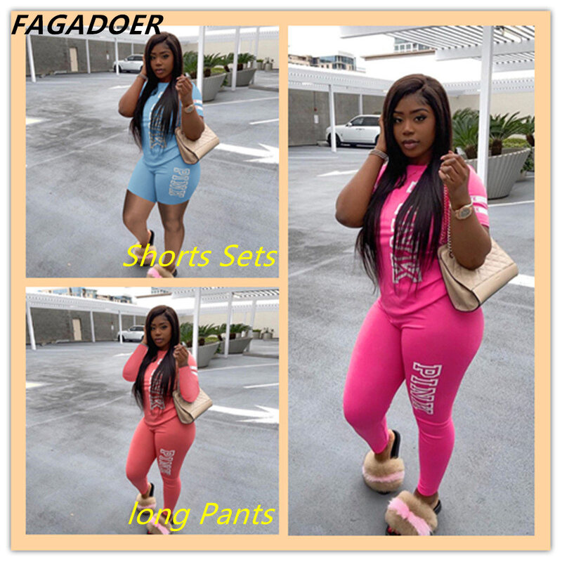New Pink Letter Print Women Two Piece Set Casual Sport tuta manica corta Top + Jogger Sweatpant Suit Plus Size Outfits 3XL