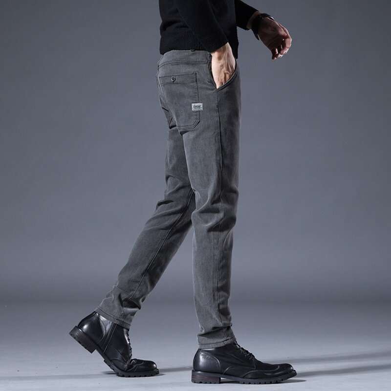 Pantalones vaqueros elásticos gruesos para hombre, Leggings ajustados coreanos, ropa y2k, gris y negro, otoño e invierno, 2023