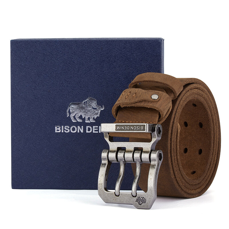 BISON DENIM-cinturones Retro de alta calidad para hombre, correa de marca de lujo con hebilla de Pin de cuero genuino, Estilo Vintage e informal