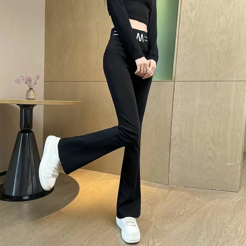 Summer New Korean Fashion Simple Flare Pans Women Solid Elastic High Waist Patchwork Pockets Slim Versatile Straight Trousers