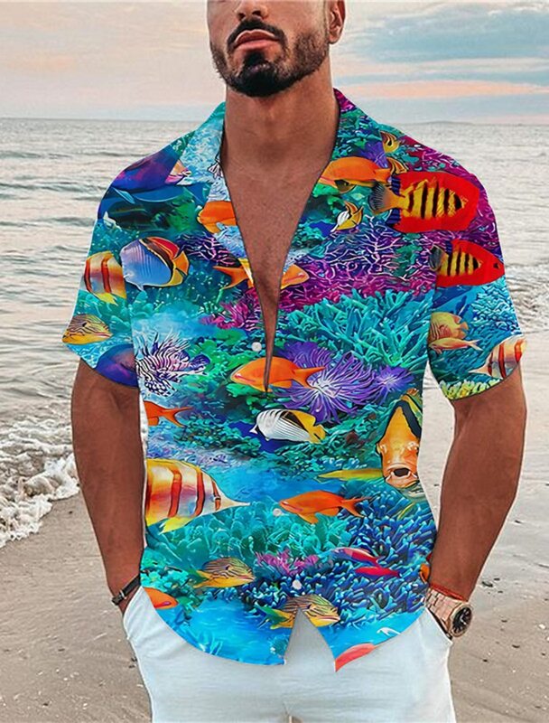 Men's Marine Animals 3D Print Shirt, Roupa extragrande, Casual, Viagem, Hawaii Beach, Havaiano, Harajuku Holiday, Verão