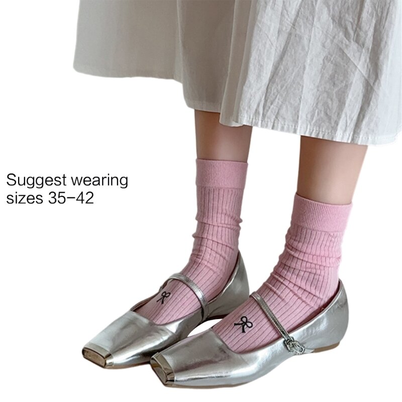 Damen-Crew-Socken aus Baumwolle französischen Stil, süße bestickte Schleife, Slouch-Wadensocken