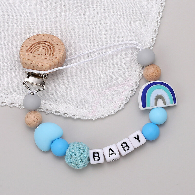 Baby Pacifiers Clips Personalized Name Rainbow Wooden Silicone Dummy Nipples Holder Clip Chain BPA Free Teething Toy Accessories