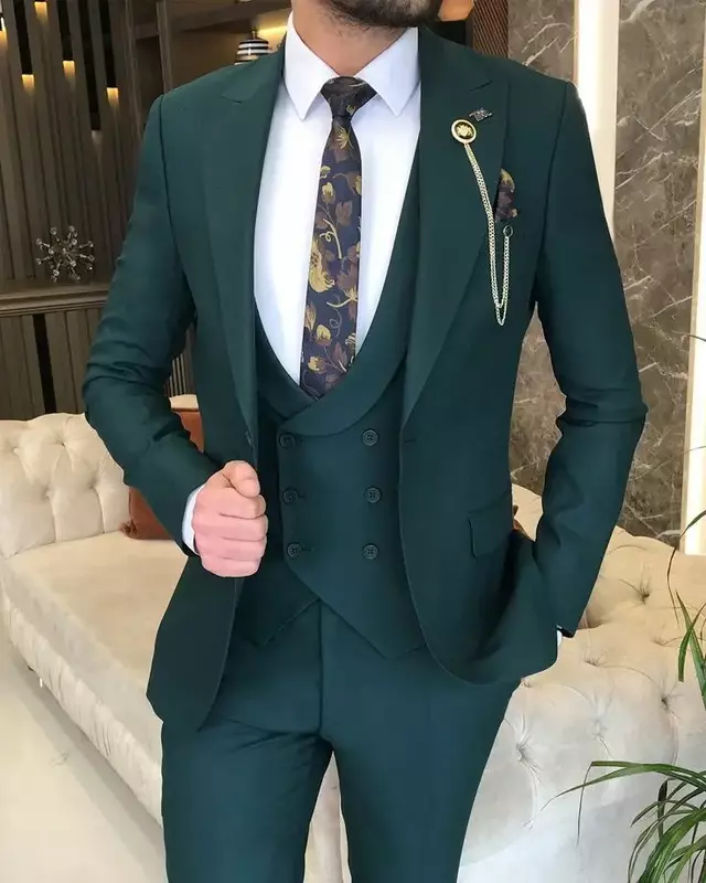 Костюм облегающий мужской из 3 предметов, деловая смокинговая одежда для жениха, Блейзер, жилет, брюки, зелено-темно-синий костюм для свадьбы