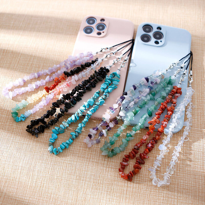 Criativo colorido cascalho telefone móvel corrente feminina criativo metal celular cinta cordão pendurado anti-perdido frisado jóias presente