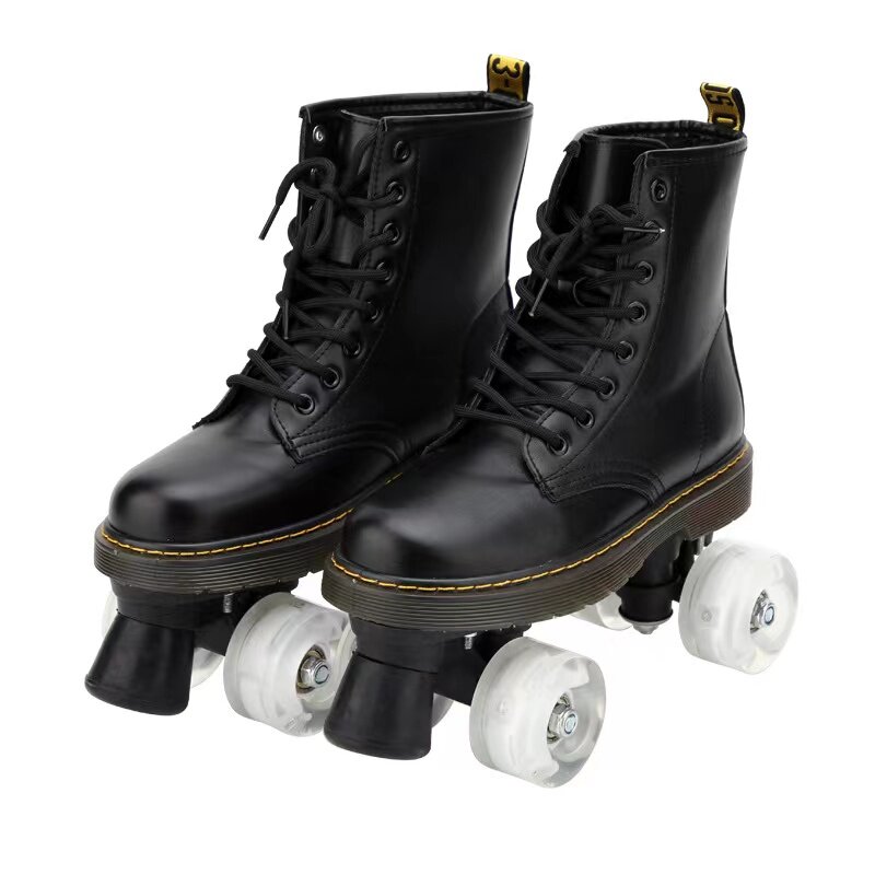 Теплые осенне-зимние кожаные ботинки из микрофибры, роликовые коньки, патиновые 4-колесные ботинки, черные взрослые двухрядные четырехколесные сникерсы