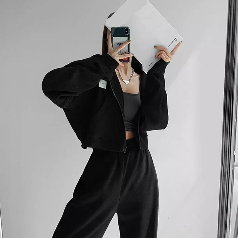 Jaqueta de manga comprida com zíper feminino, capuz recortado sexy, moletom curto com capuz, streetwear coreano Y2K, outono