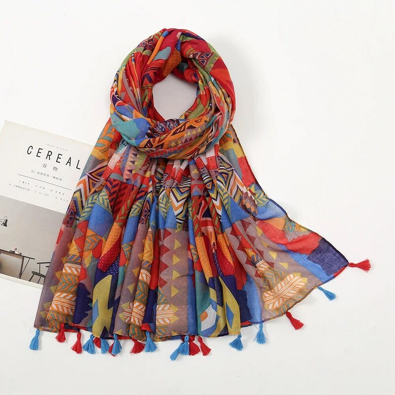 New Balinese gauze fringe vintage printed geometric scarf with all fashion travel sun protection shawl silk scarf women