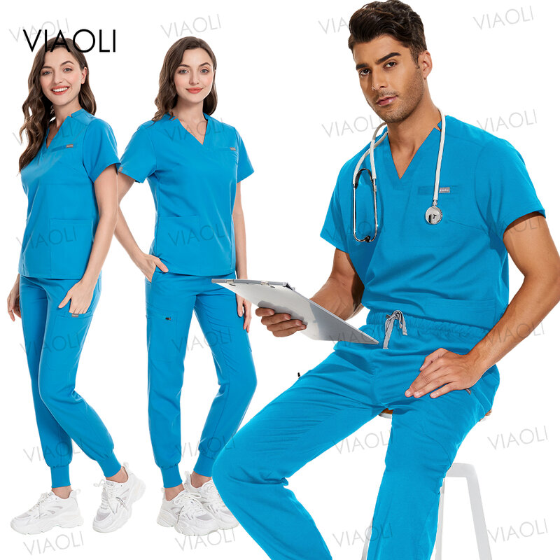 Unisex Farmácia Dentista Macacão, Enfermeira Scrub Suit, Uniformes de Beleza, Clínica Workwear, Acessórios Médicos, Conjunto Médico