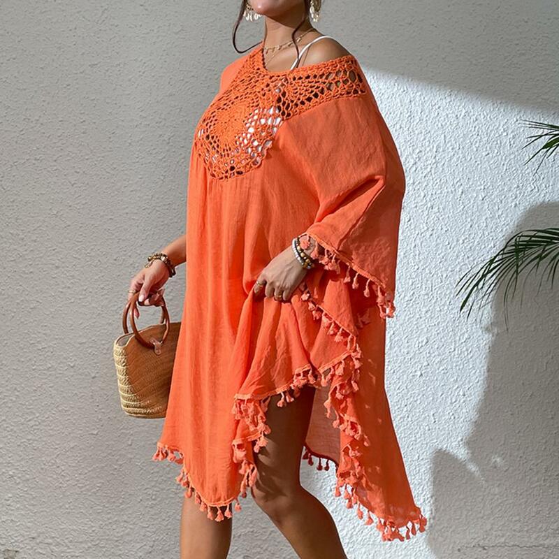 Fringed Bikini Cover Up Comfortable Loose Fit Blouse Stylish Fringed Beach Cover Up Dress for Women O-neck Half Sleeve Swimsuit