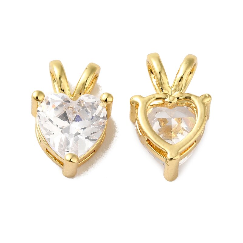 Dijes de circonita cúbica de cristal de latón pequeño para fabricación de joyas, dijes de corazón chapado en oro de 18K Real, pulsera DIY, collar artesanal, 10 piezas