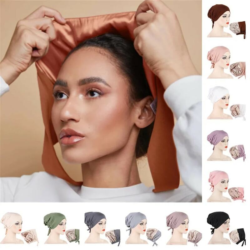 Double Layer Satin Hijab Cap for Women, Islam Undercap with Tie Bonnet, Instant Hijabs, Turkish Scarves, Muslim Turban, Bandana