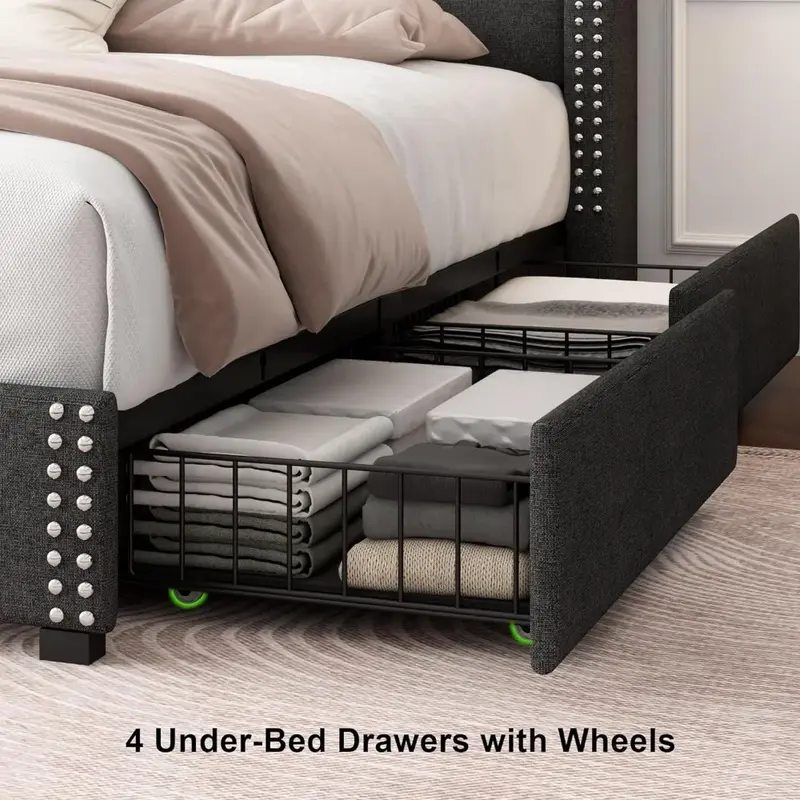 Extra large platform bed frame with 4 storage drawers, padded bed frame with charging station and wing back headboard