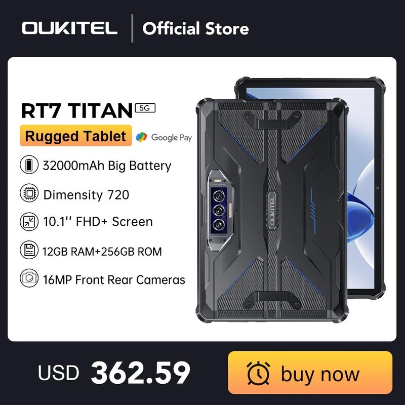 Oukitel แท็บเล็ต RT7 Titan 5g ทนทาน10.1 "FHD + 32000mAh 24GB + 256GB Android 13 48MP + 20MP แท็บเล็ตพีซี