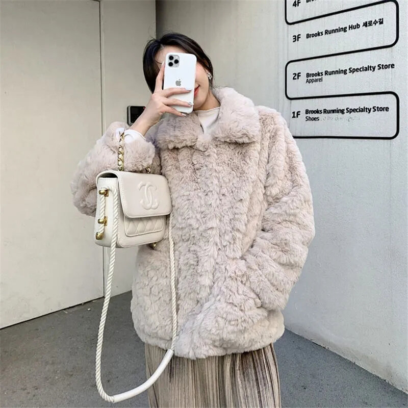 Inverno quente engrossar casaco de pele de coelho falso feminino jaqueta de pelúcia coreano rua solta peludo velo curto outwear neve wear chaquetas