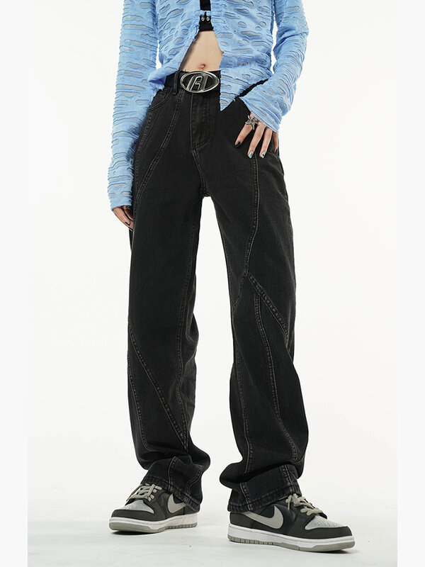 여성용 블랙 아메리칸 청바지, 하이 스트리트 레트로 루즈 스플릿 디자인, 작은 하이 웨이스트 스트레이트 레그 데님 팬츠, 신상