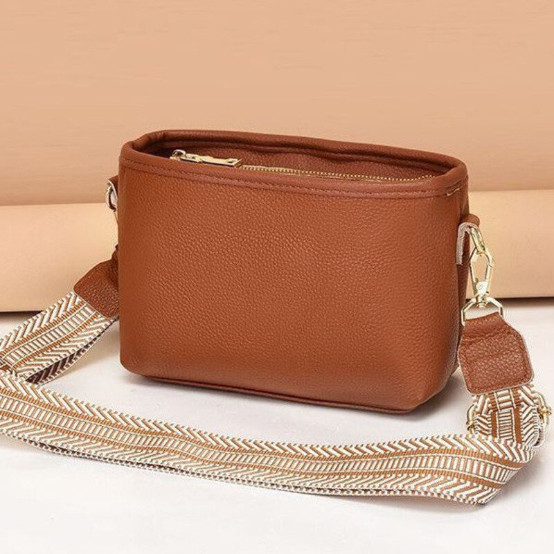 Crossbody Wide Strap, Genuine Leather Square Top Layer, Cowhide Single Shoulder Soft Leather, Versatile Women's Bag, Trendy ,