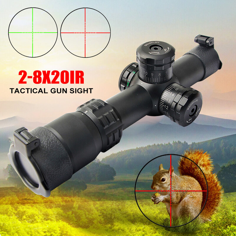 Riflescope tático do colimador, 5 modos, Ponto vermelho e verde, Visão óptica de retículo, Rifle Scope Sniper com 11mm, 20mm, 2-8x20