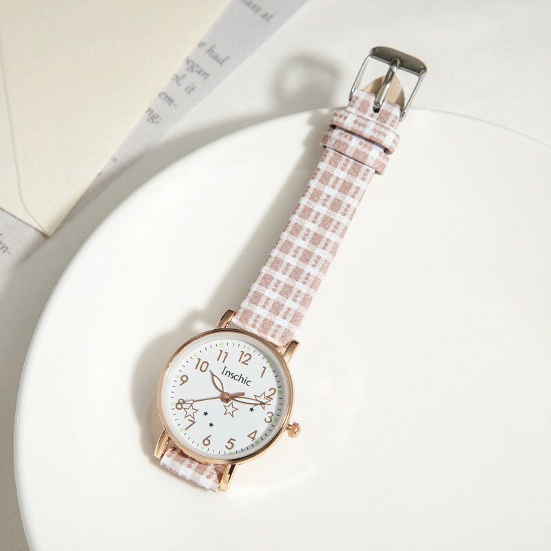 Relógio de pulseira de couro feminino, presente feminino, novo lançamento moda, cheque, estrela