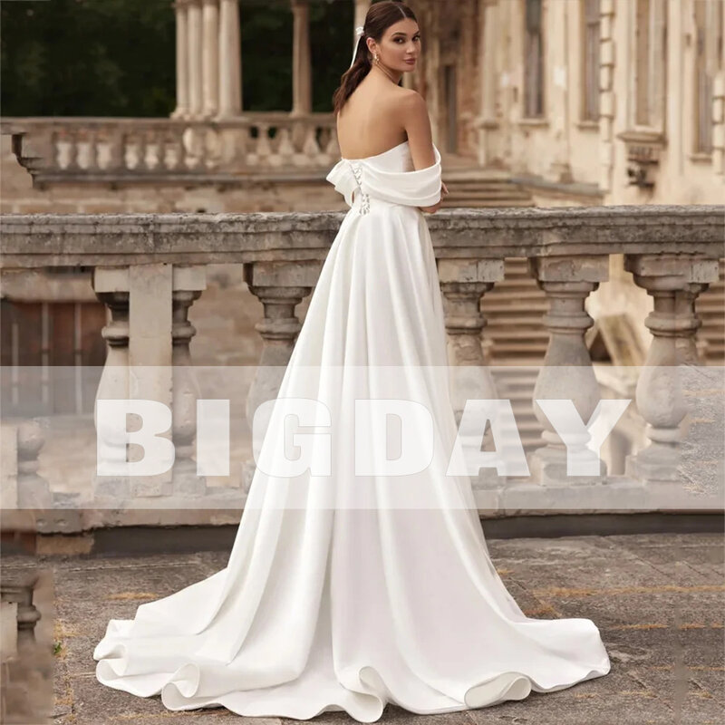 Elegancka suknia ślubna o linii 2024 z odkrytymi ramionami bez pleców plisa satynowa suknia ślubna kobiety Vestidos De Noiva