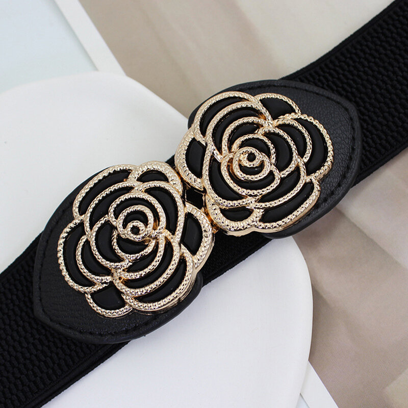 Cinturón de cintura elástico ancho con hebilla en forma de flor Retro para damas, cinturón de cintura para vestidos, accesorios de ropa, decoración de fiesta