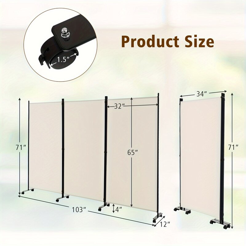 1pc 6.5ft White 3-Panel Wooden Room Divider - Elegant Rolling Privacy Partition with Lockable Wheels - Versatile Foldable Wall f