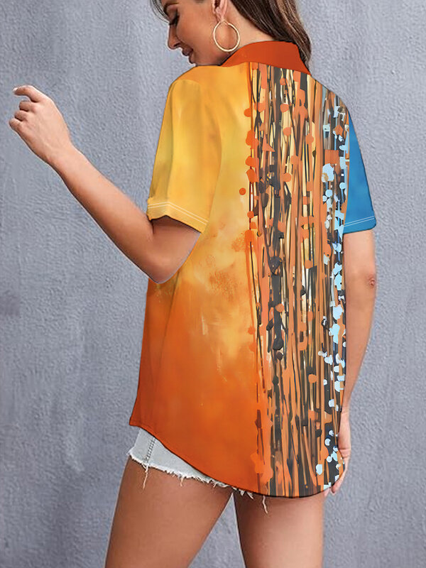 Camisa de manga corta con solapa para mujer, camisa con estampado digital 3D, personalidad innovadora, popular en la calle, de verano