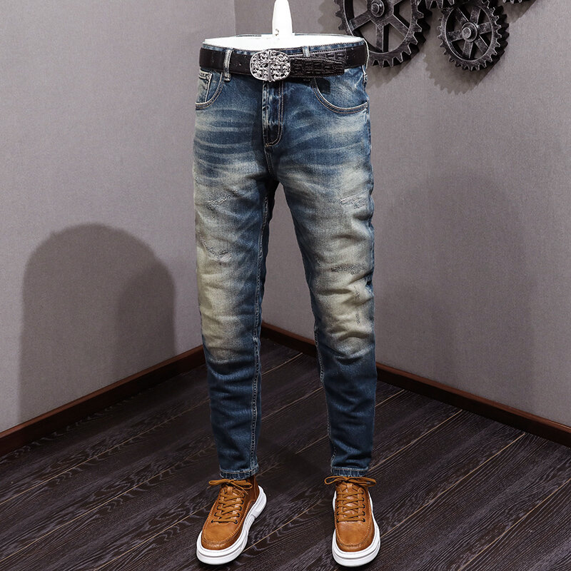 Джинсы мужские Стрейчевые в стиле ретро, модные дизайнерские Синие рваные джинсы Slim Fit, винтажные брюки из денима с заплатками