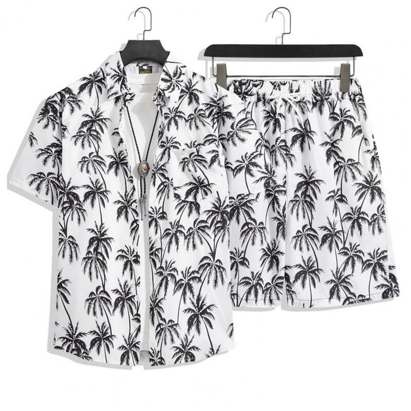 2Pcs/Set Men Summer Casual Outfit Lapel Short Sleeve Shirt Drawstring Waist Wide Leg Shorts Set Coconut Tree Print Hawaii Outfit