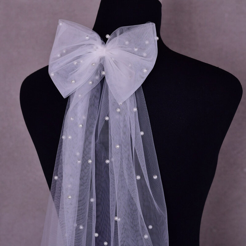 Elegant Bridal Wedding Headdress White Mesh Headpiece Imitation Pearl Bow Short Veil Back Head Decor Hair Accessories