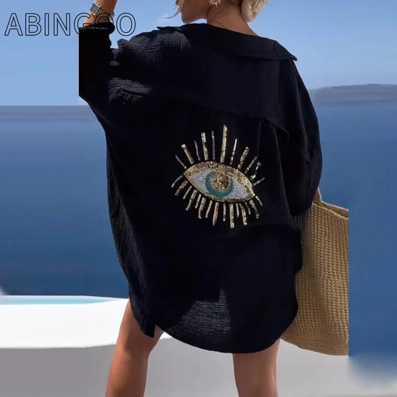 ABINGOO-بلوزة نسائية غير رسمية مرصعة بالترتر ، قمصان على طراز الشاطئ ، كتان قطني ، بلوزة زائد فضفاضة ، حماية من الشمس ، الموضة