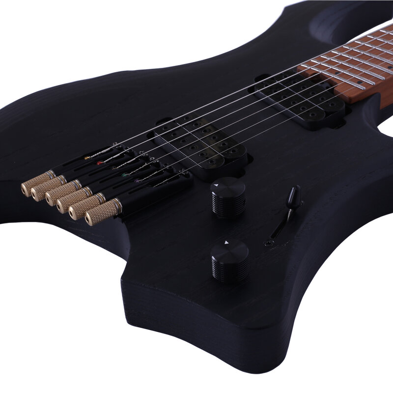 Acepro Black Headless Electric Guitar, Jumbo Stainless Steel Oblique Frets, Reinforcement in the Neck, Ash Body