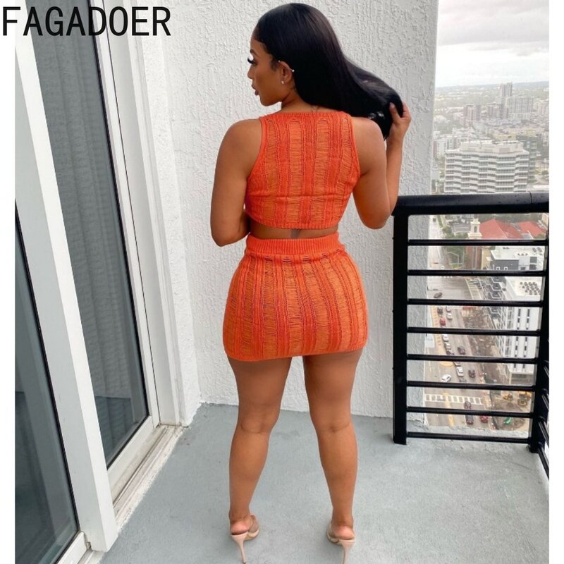 FAGADOER Sexy Knitting Hollow Out Mini Skirts Two Piece Sets Women Sleeveless Tank Top And Skirts Outfits Female 2pcs Clothing