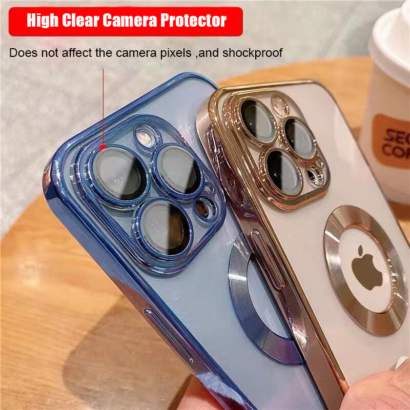 Proteção da lente de luxo chapeamento claro logotipo buraco caso para o iphone 11 12 13 14 pro max mini xr xs x 7 8 mais capa à prova de choque