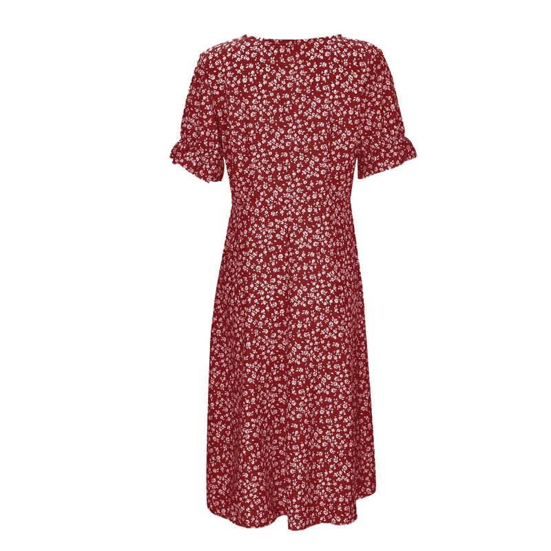 Gaun Midi Bodycon motif bunga Musim Panas 2024 untuk wanita gaun pas badan berkerut lengan panjang leher V pakaian wanita jubah seksi