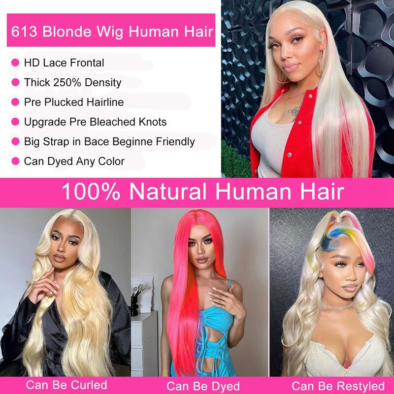 Perruque blonde droite sans colle pour femme, perruque avant en dentelle, cheveux humains, fermeture en dentelle ultraviolette, 613 HD, 13x6, 13x4, 5x5