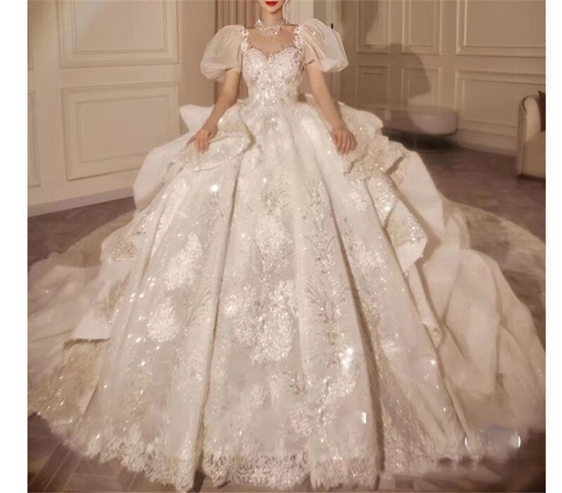 Dubai Arabia Crystal Sequin Ball Gown Wedding Dress Glitter Luxruy Bridal Gown Women 2023 Puffy Sleeves Marriage Robe De Mariée
