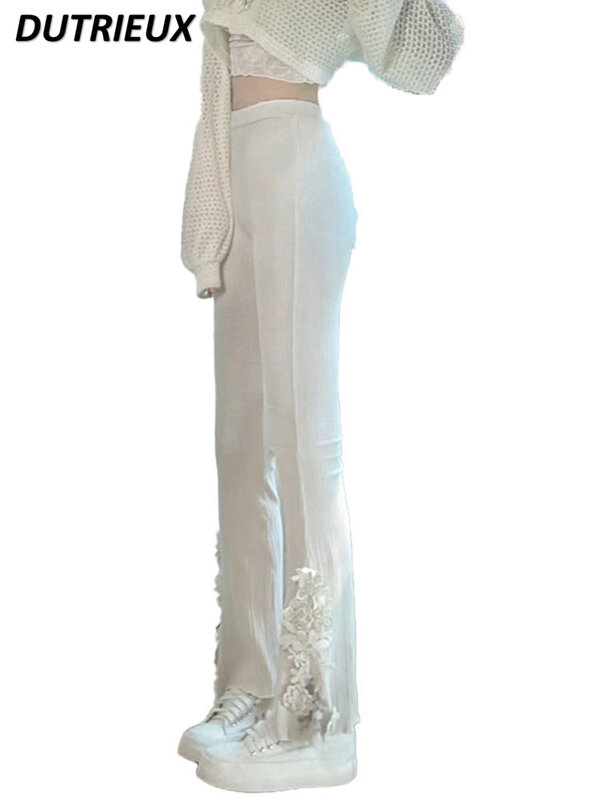 Pétala de cintura alta feminina bordada de renda bootleg, calça casual doce, design de listras afundadas, nova moda, verão, 2024