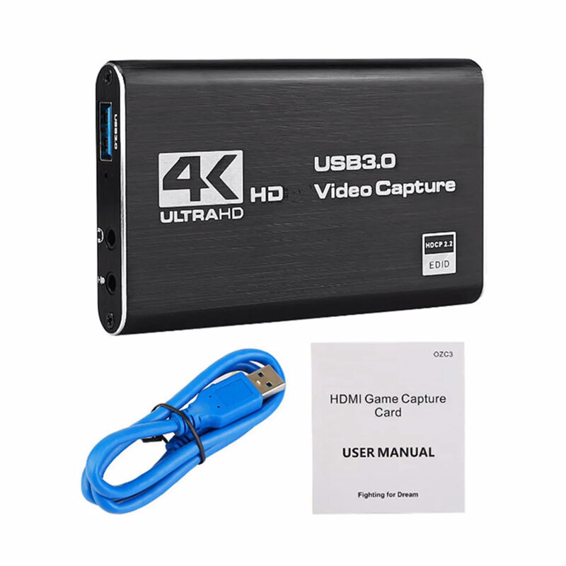 การ์ดจับภาพวิดีโอความละเอียดสูง4K 1080P 60fps HD กล่องบันทึกกล้อง HDTV-เข้ากันได้กับ USB 3.0PC สตรีมมิ่งสด