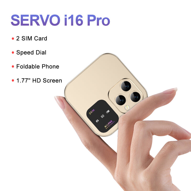 SERVO i16 프로 미니 폴드 휴대폰, 듀얼 SIM 카드, FM 라디오 진동 매직 보이스 블랙리스트 스피드 다이얼, 1.77 인치 스크린 스퀘어 폰