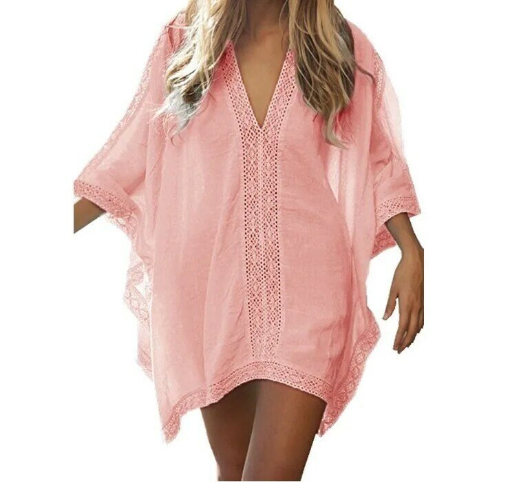 Blus pantai renda musim panas musim semi kaus tabir surya liburan pantai leher V blus wanita luar Bikini